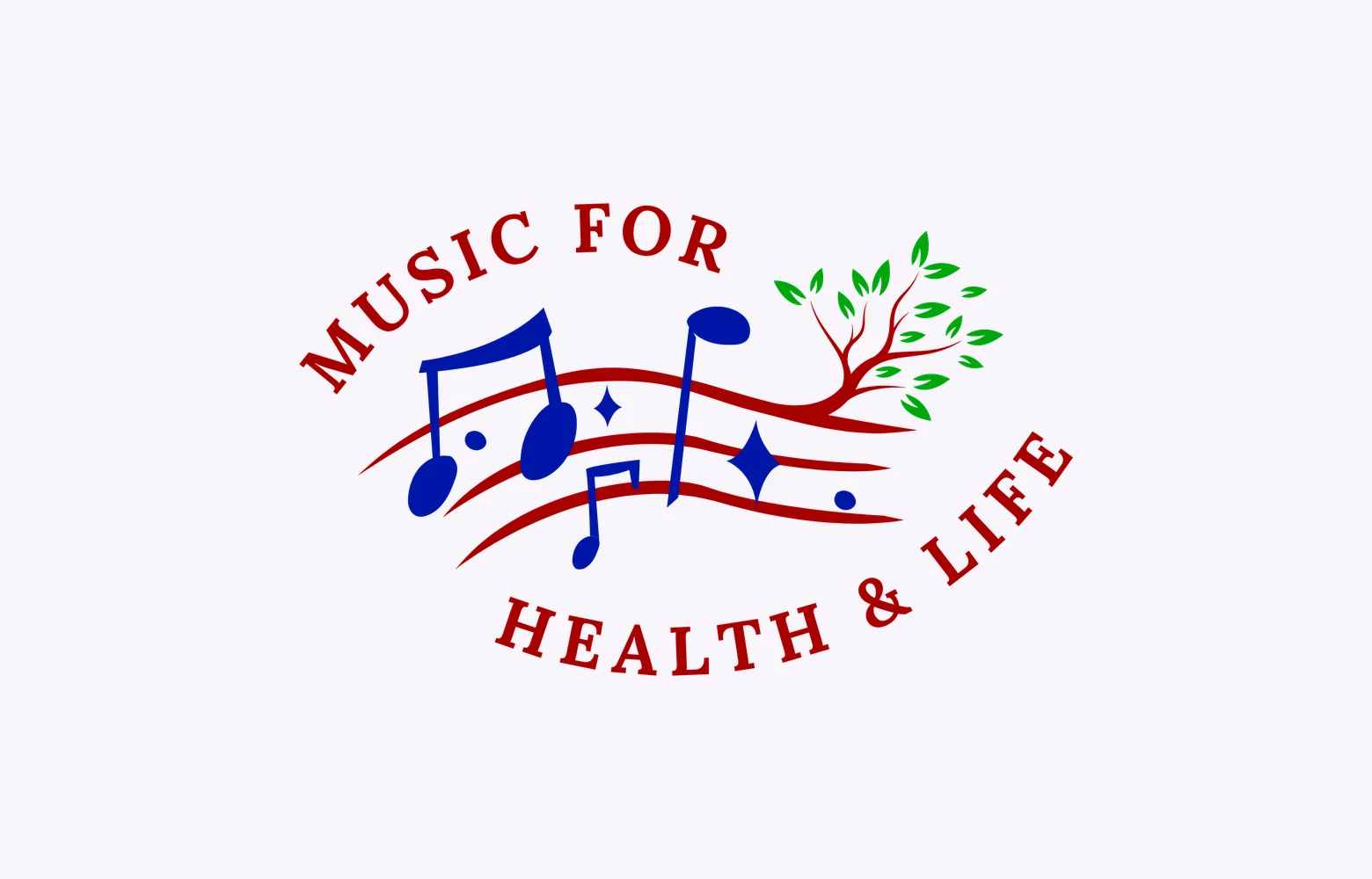 The Music for Health & Life logo in full color: red lettering and a musical staff that grows into a leafy branch, with blue notes
