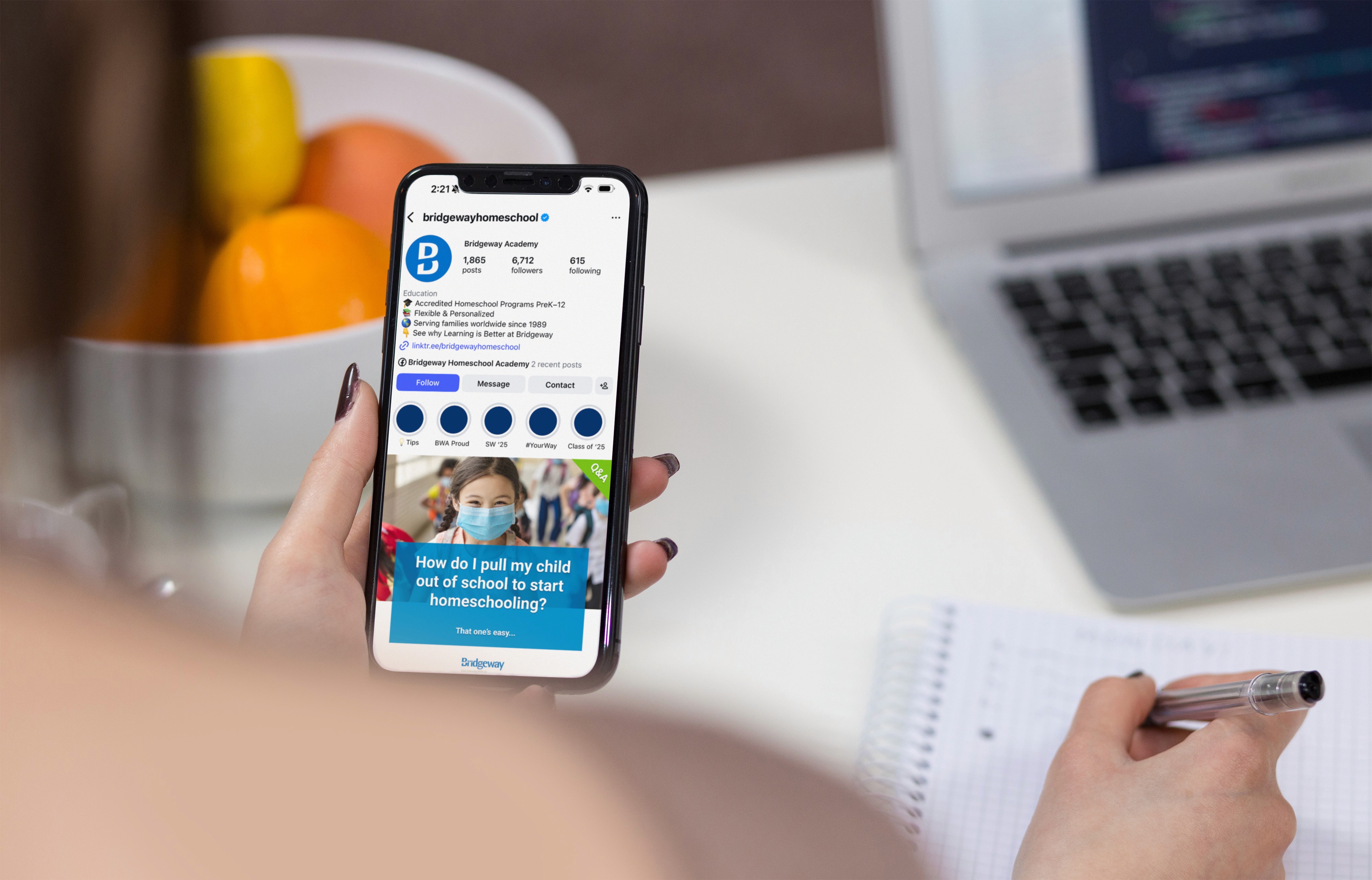 Bridgeway Academy instagram page on iphone