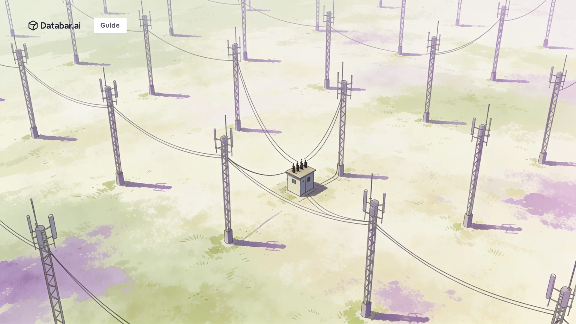 Aerial illustration of relay masts with cable runs converging on a switch house — phone number lookup tools for B2B sales