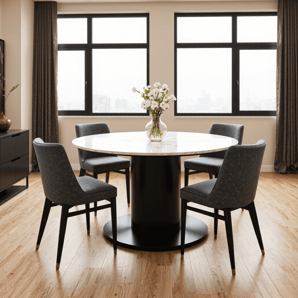 product photography of a round dining table with six chairs