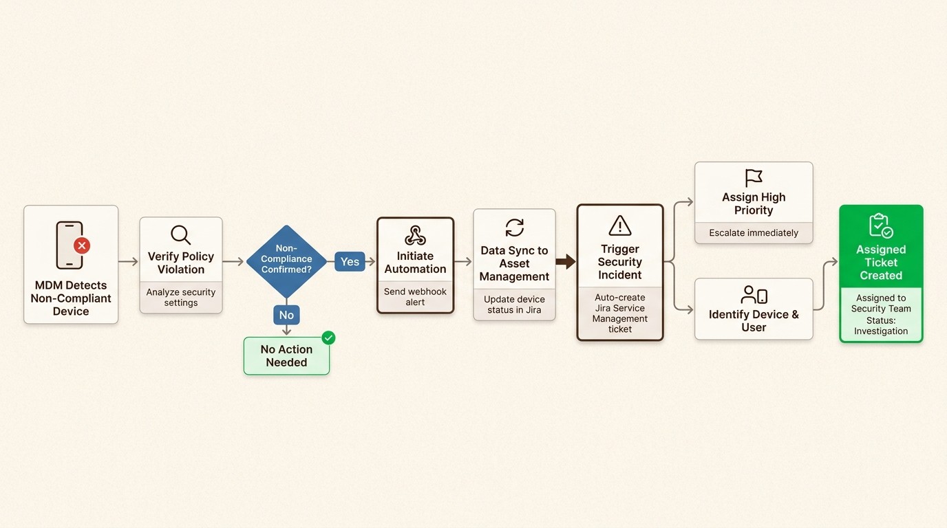 See how automated workflows transform passive MDM compliance data into proactive security incident management within Jira, enhancing your security posture.