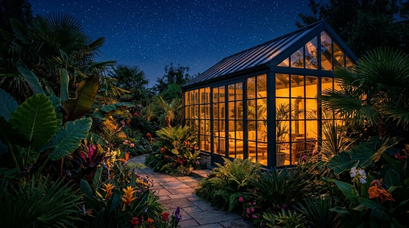 An outdoor stone path winding through a lush, dark green tropical garden toward a modern glass pavilion illuminated under a starry night sky.