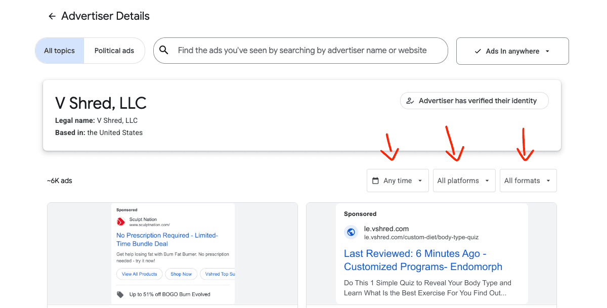 How to filter the ads in the Google Ads Transparency Center