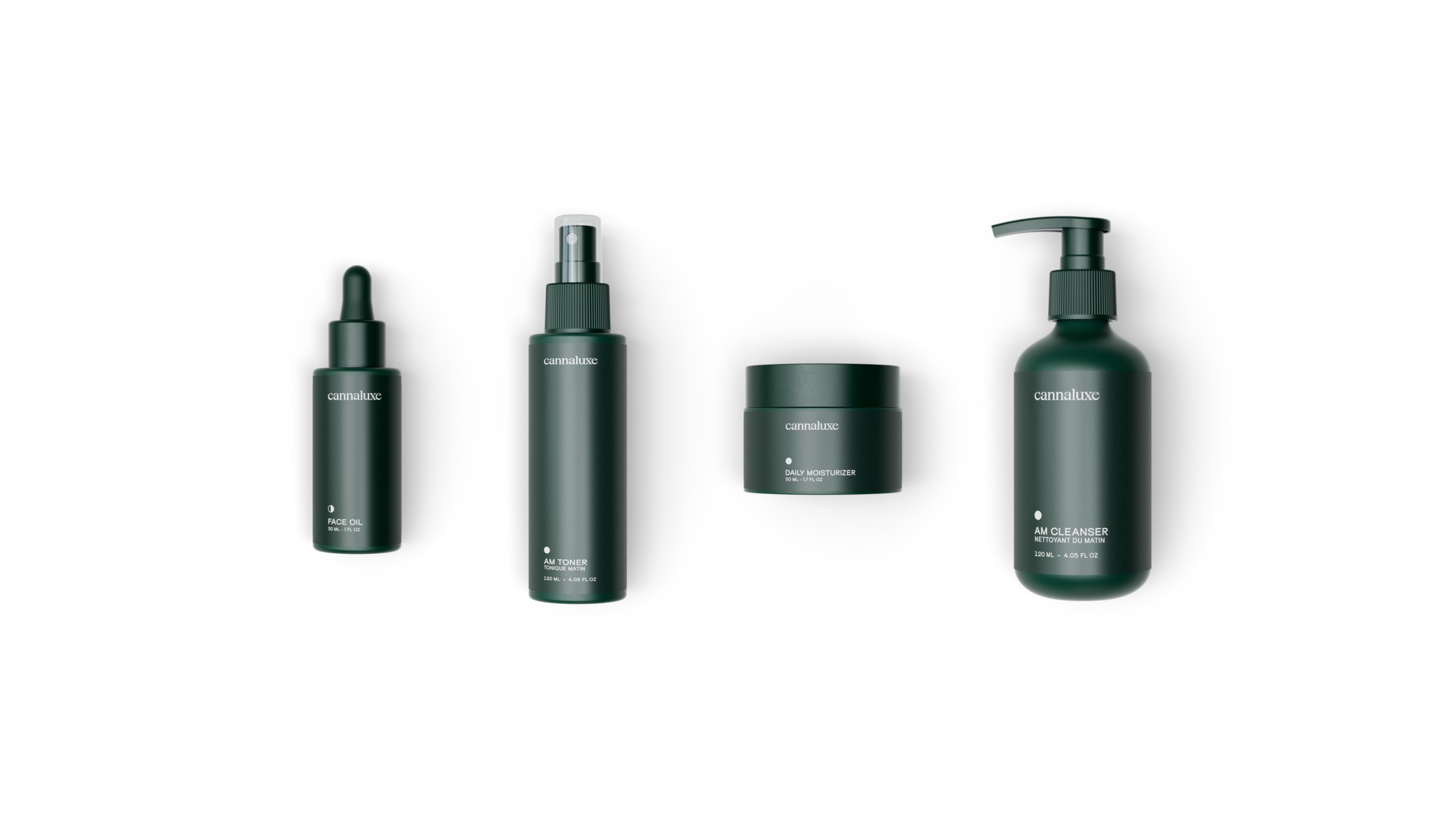 Cannaluxe skincare bottles arranged on a white background in a straight-line layout