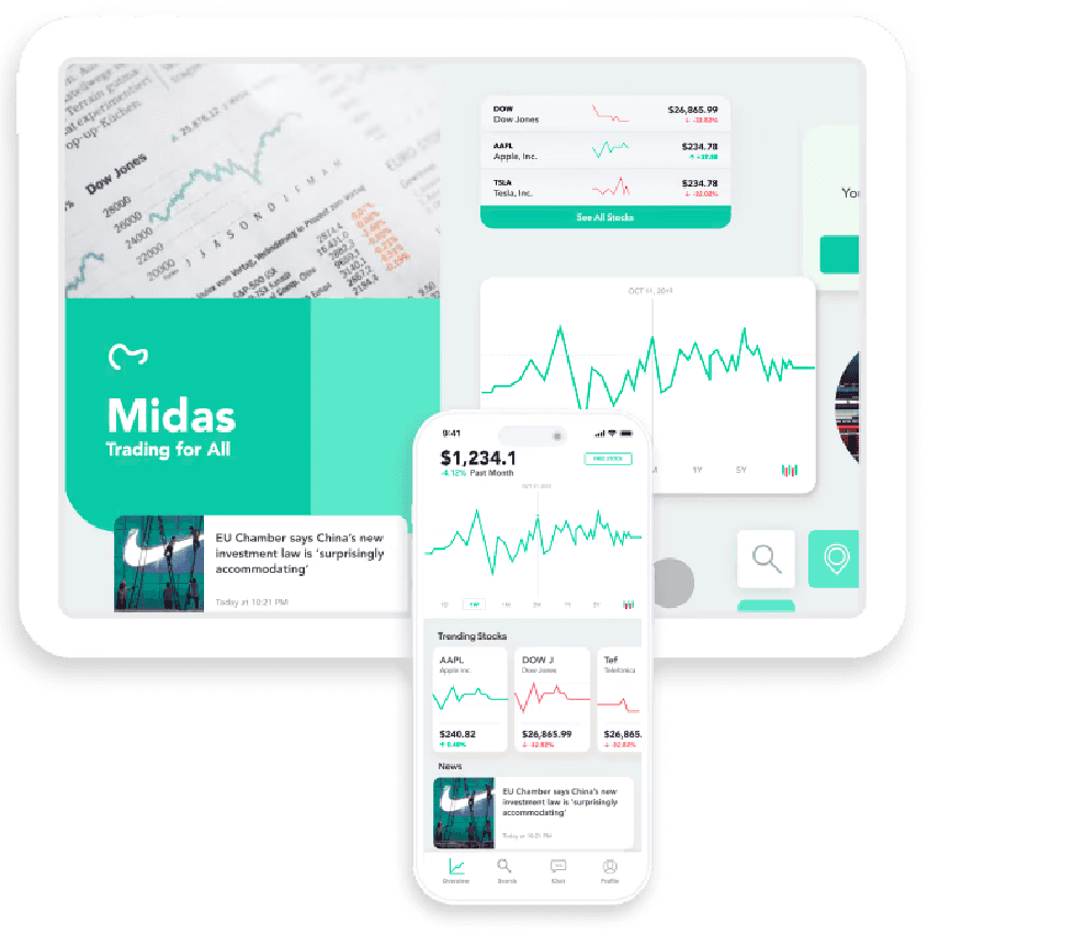 Multiple devices displaying financial data and analytics on a sleek, modern interface. For Midas Case