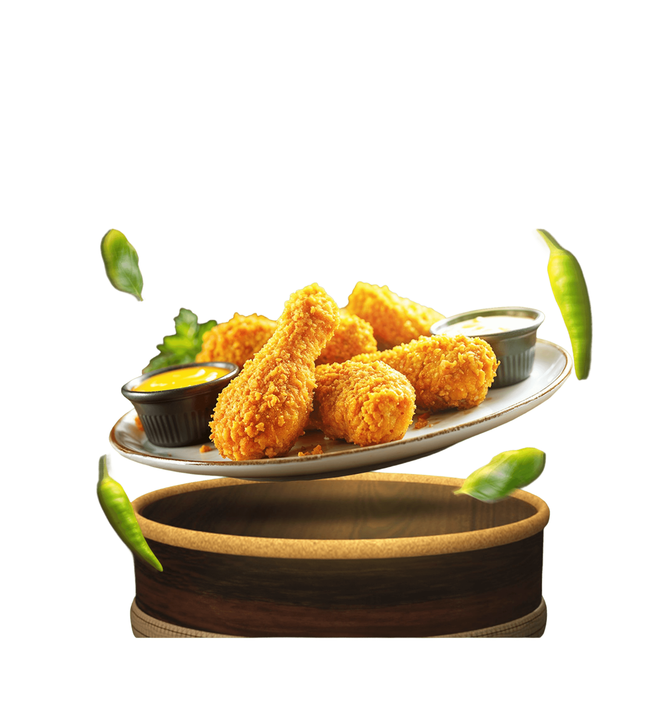 Crispy fried chicken drumsticks on a plate with dipping sauces and green chilies.