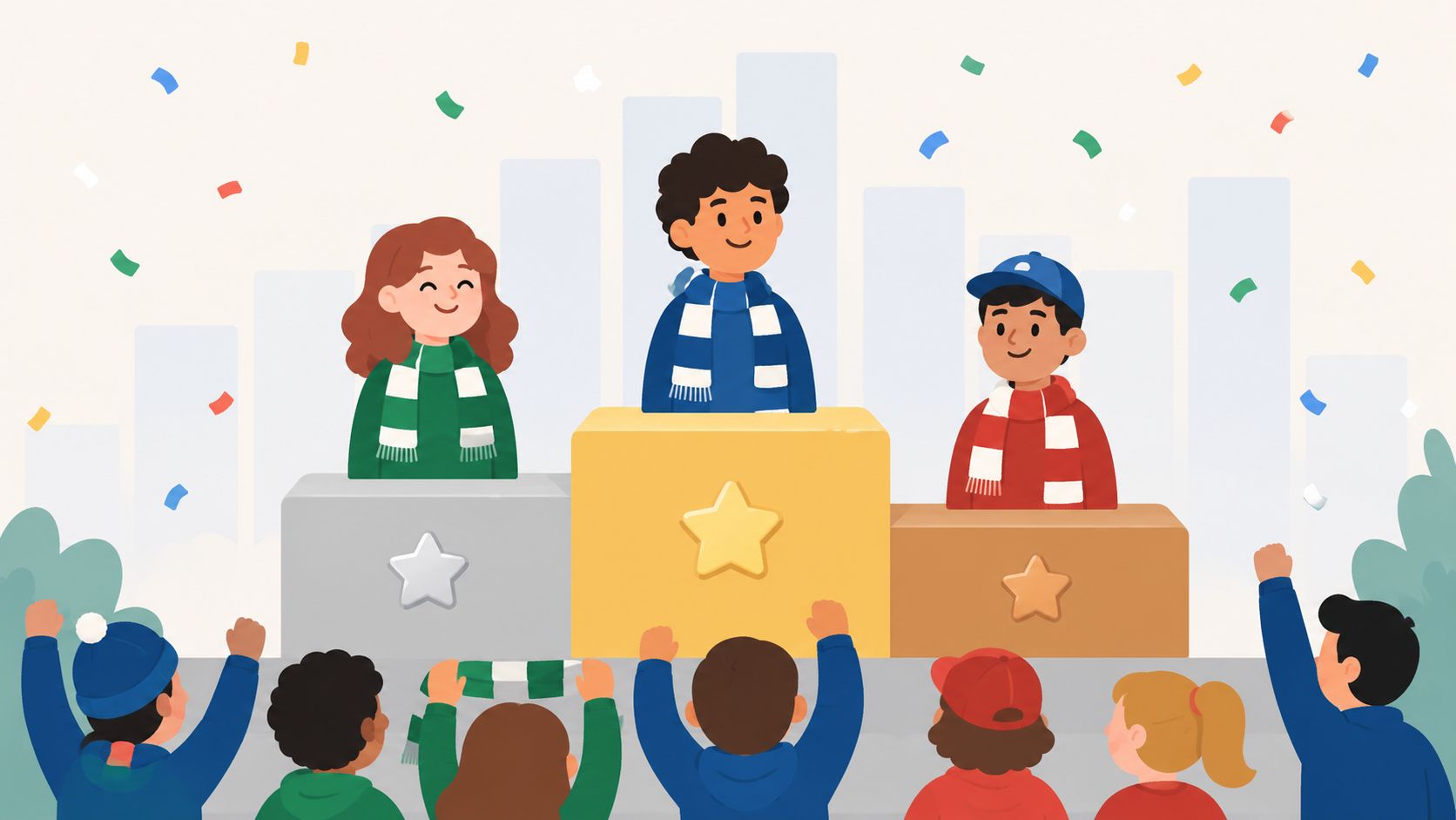 Ilustración de tres ganadores celebrando en un podio con confeti cayendo y personas animando abajo