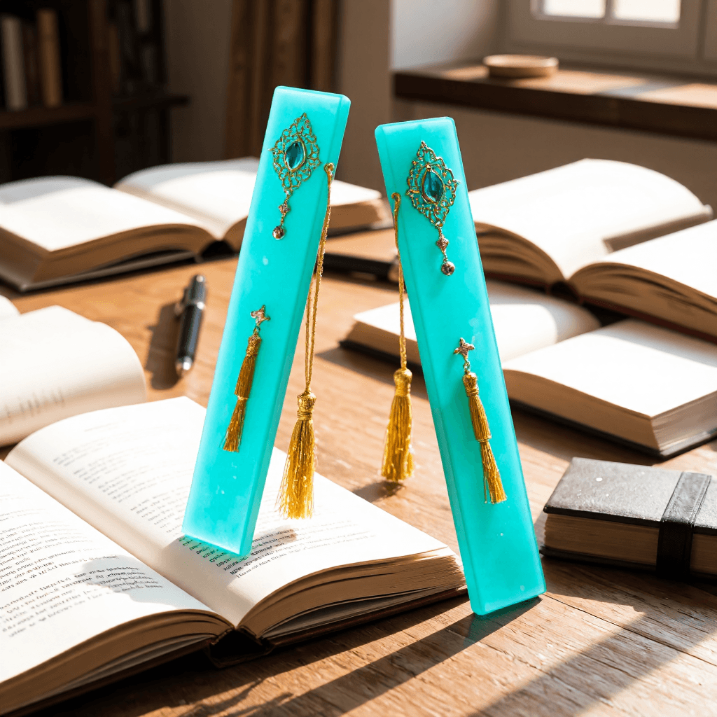 product photography of a pair of decorative bookmarks with a resin finish