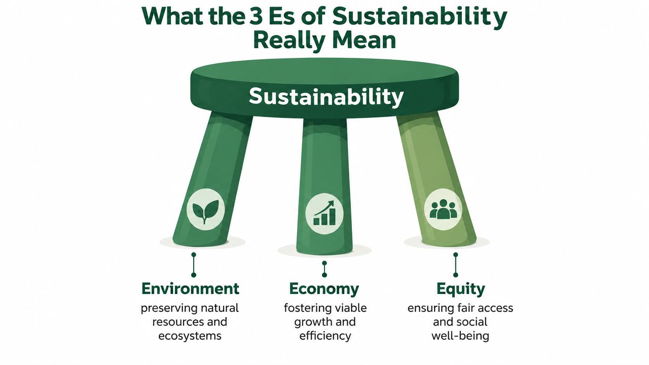 A diagram illustrating the three pillars of sustainability: environment, economy, and equity as legs of a stool.