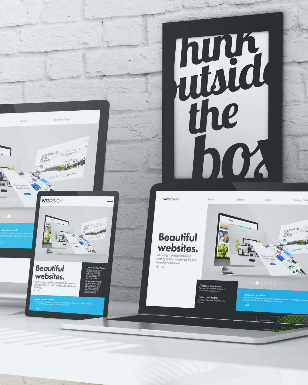 Close-up of bunch of website displaying in differrent ways.