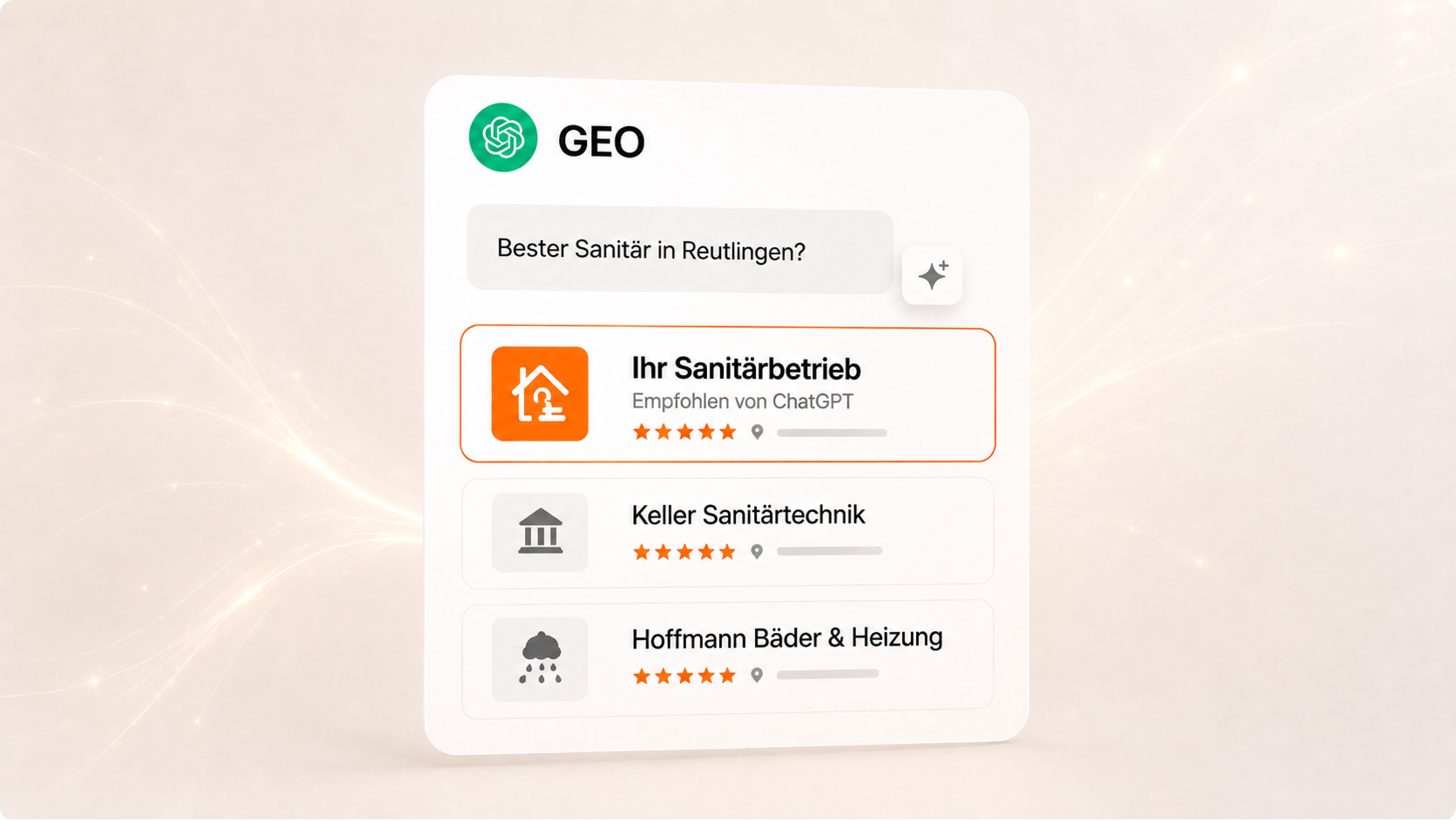 Grafik zu GEO und ChatGPT: Empfohlene Sanitärbetriebe in Reutlingen mit hervorgehobener ChatGPT-Empfehlung für einen lokalen Fachbetrieb.