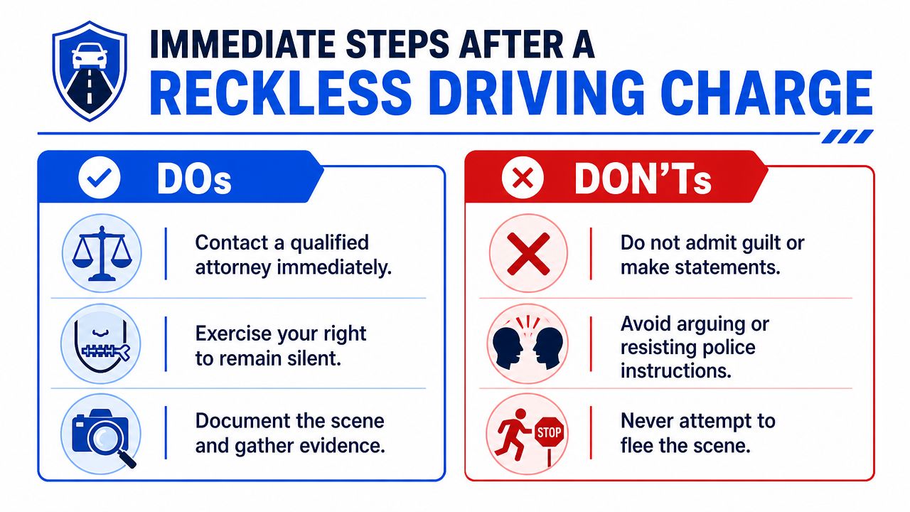 A helpful infographic outlining critical do's and don'ts to follow immediately after a reckless driving charge.