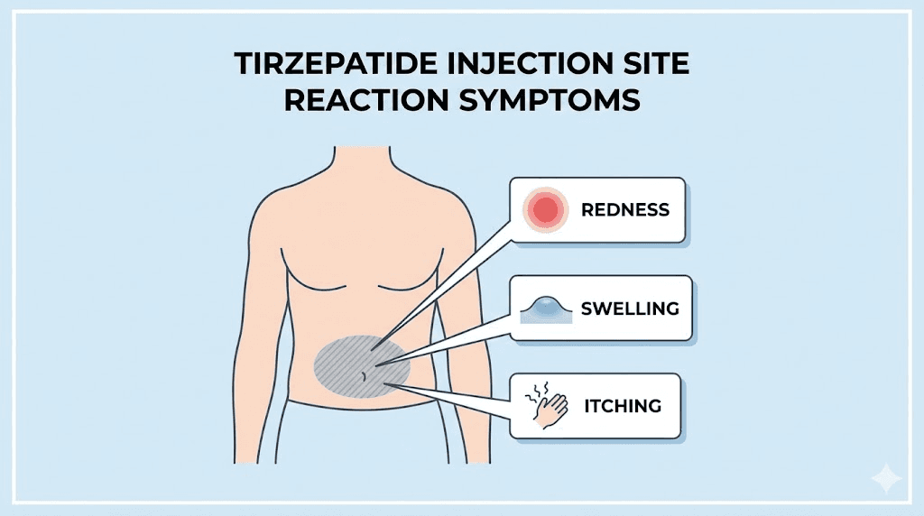 Tirzepatide injection site reaction symptoms diagram showing redness swelling and itching
