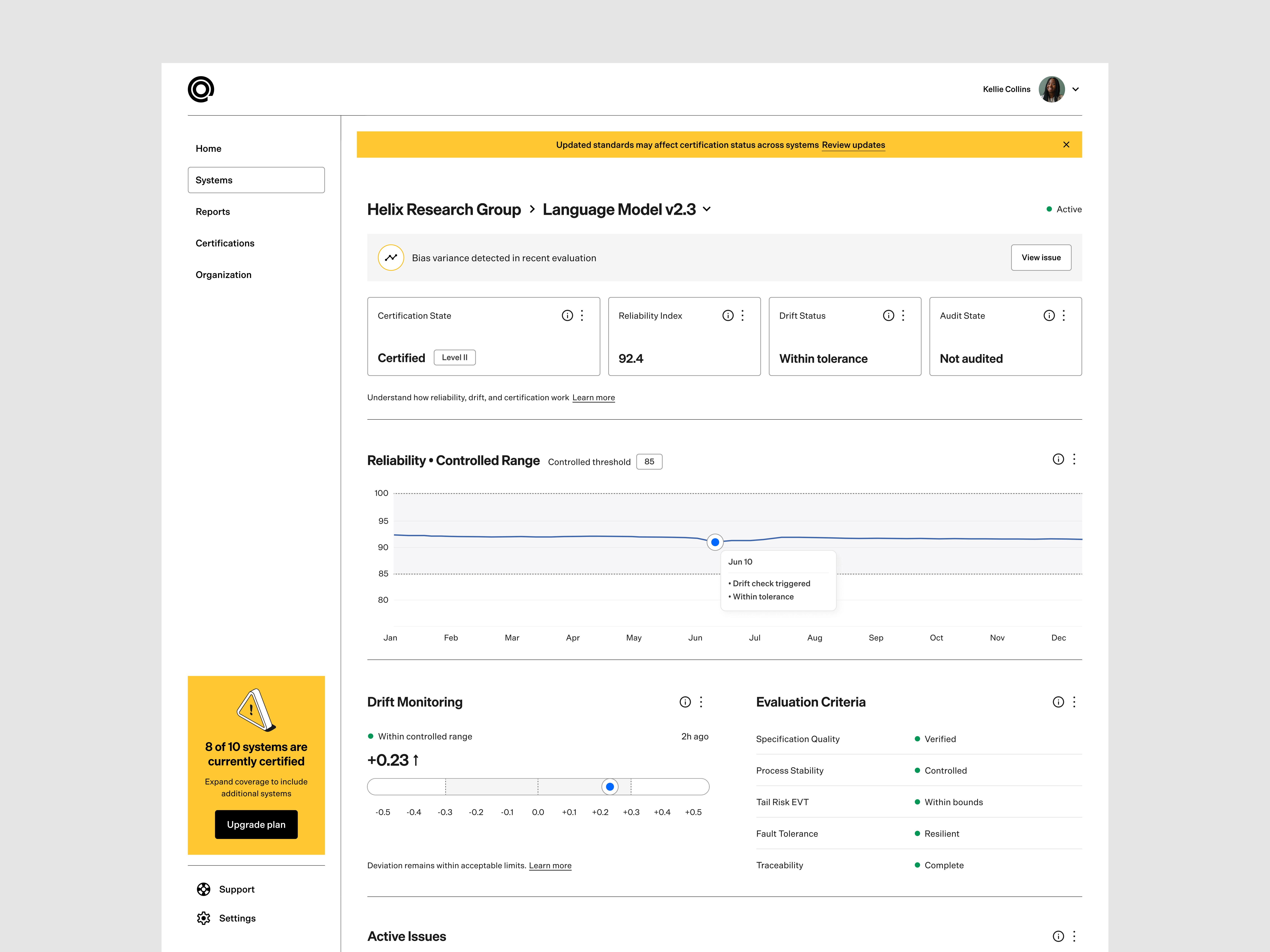 AIQCI dashboard displaying certification status, reliability metrics, drift monitoring, and evaluation criteria.