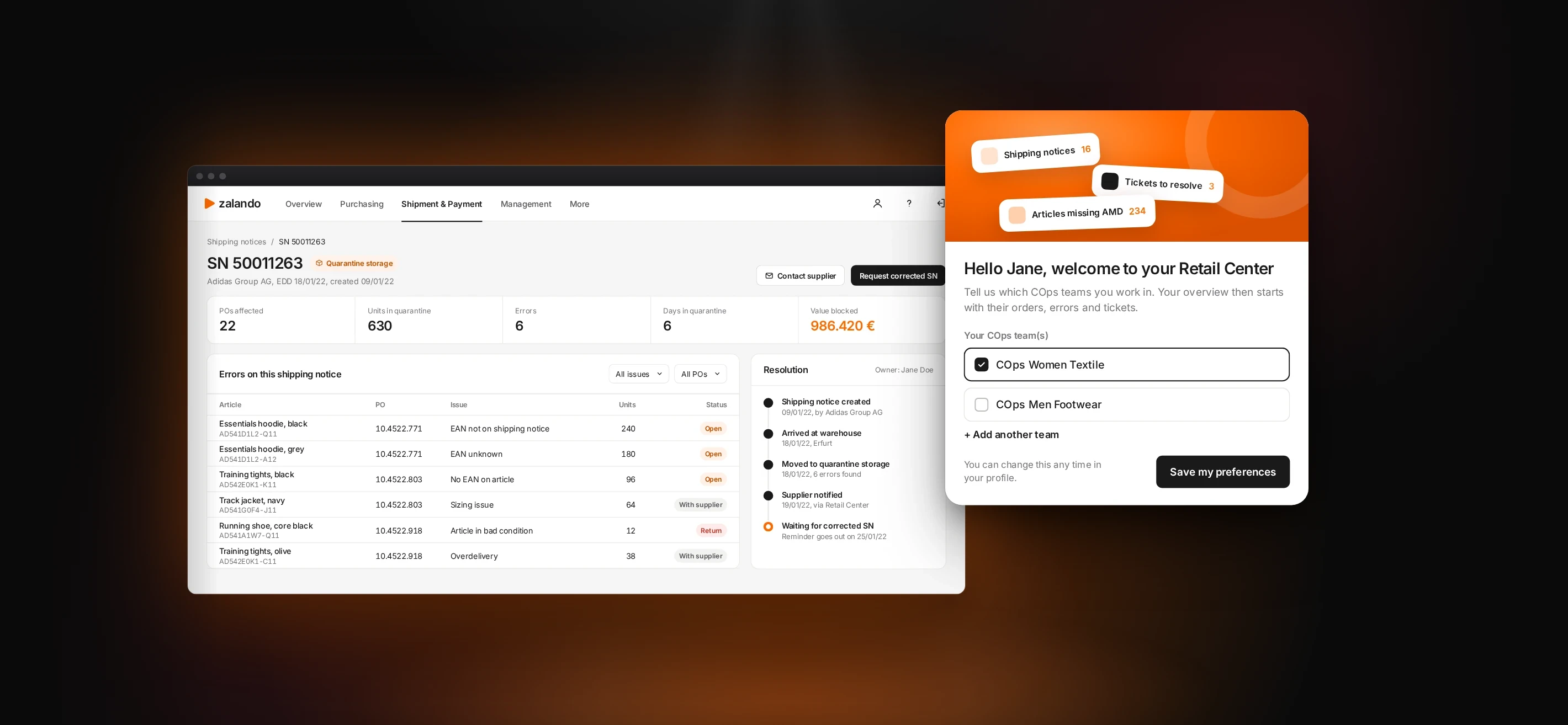 Illustrative interface: shipping notice in quarantine with its errors and resolution steps, and team onboarding