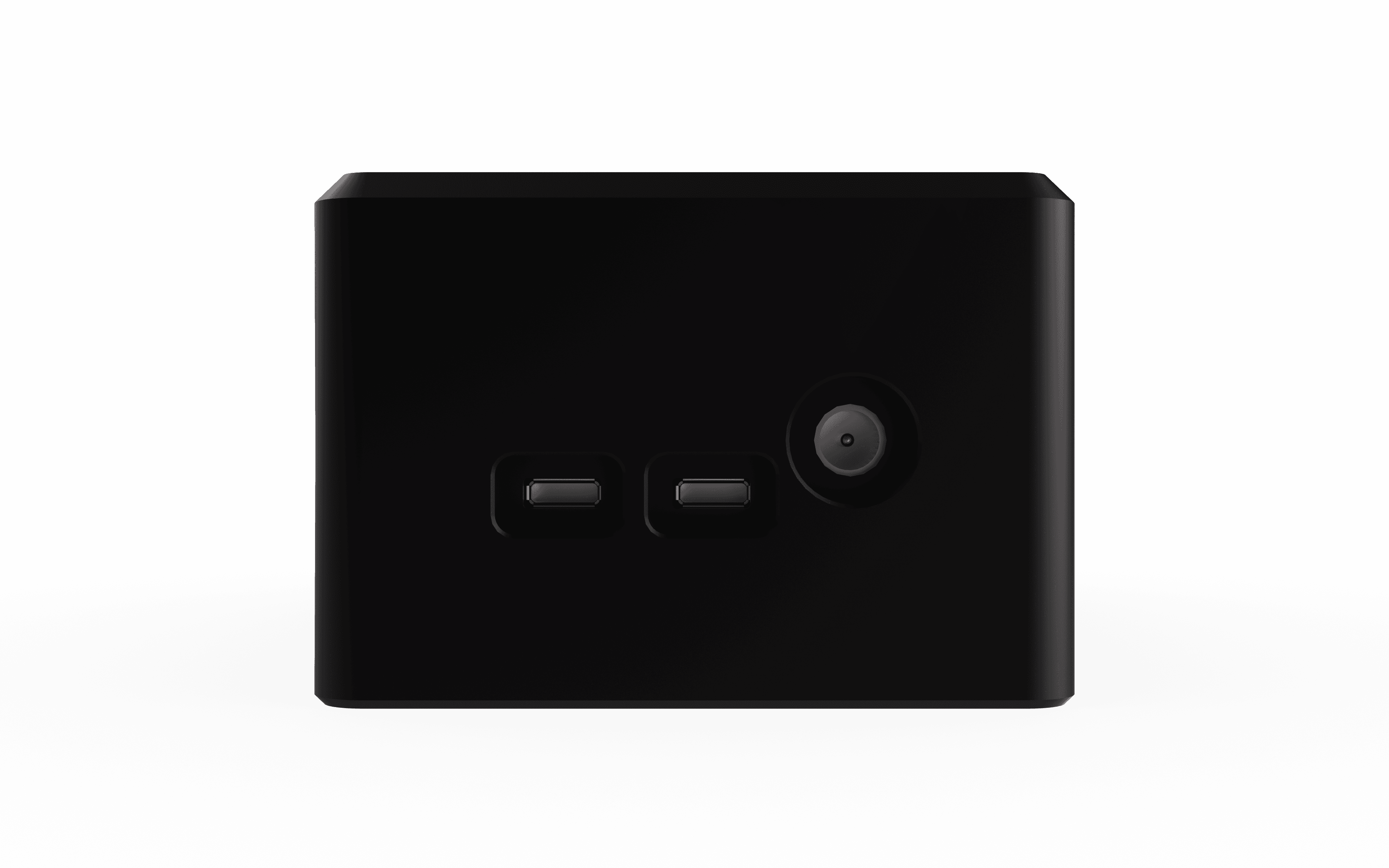 Short side view of the Riff MIDI Link control station in matte black plastic, focusing on the connection ports for electric devices, on a transparent background.