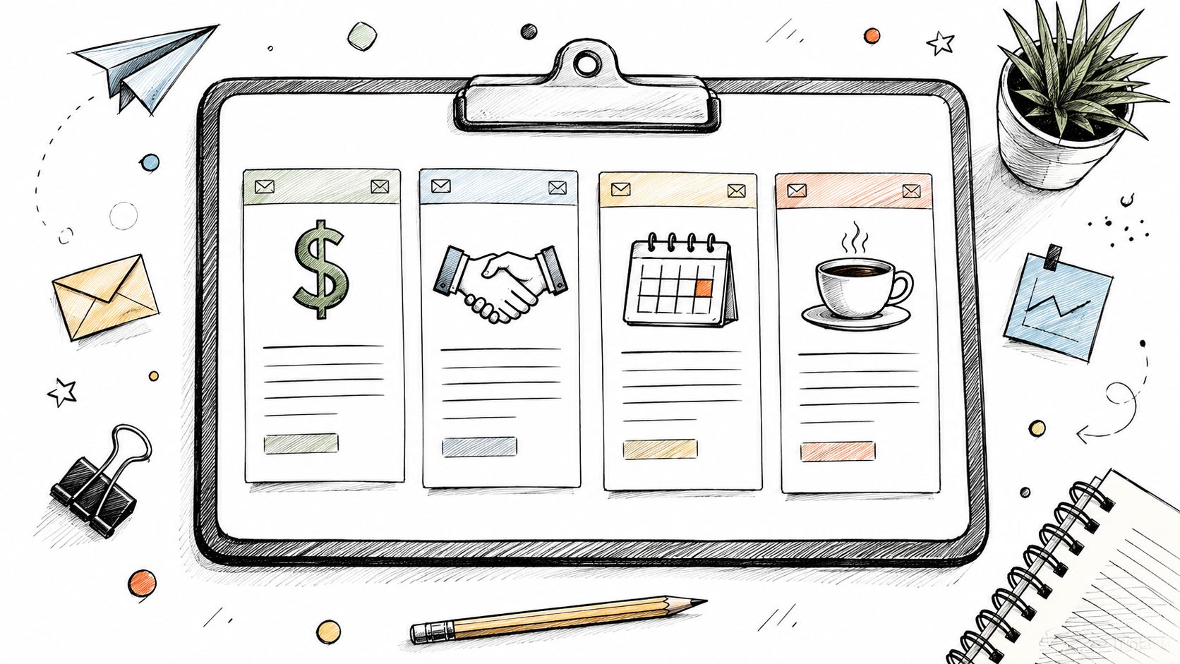 A clipboard with four cards displaying business icons for money, a handshake, a calendar, and coffee.