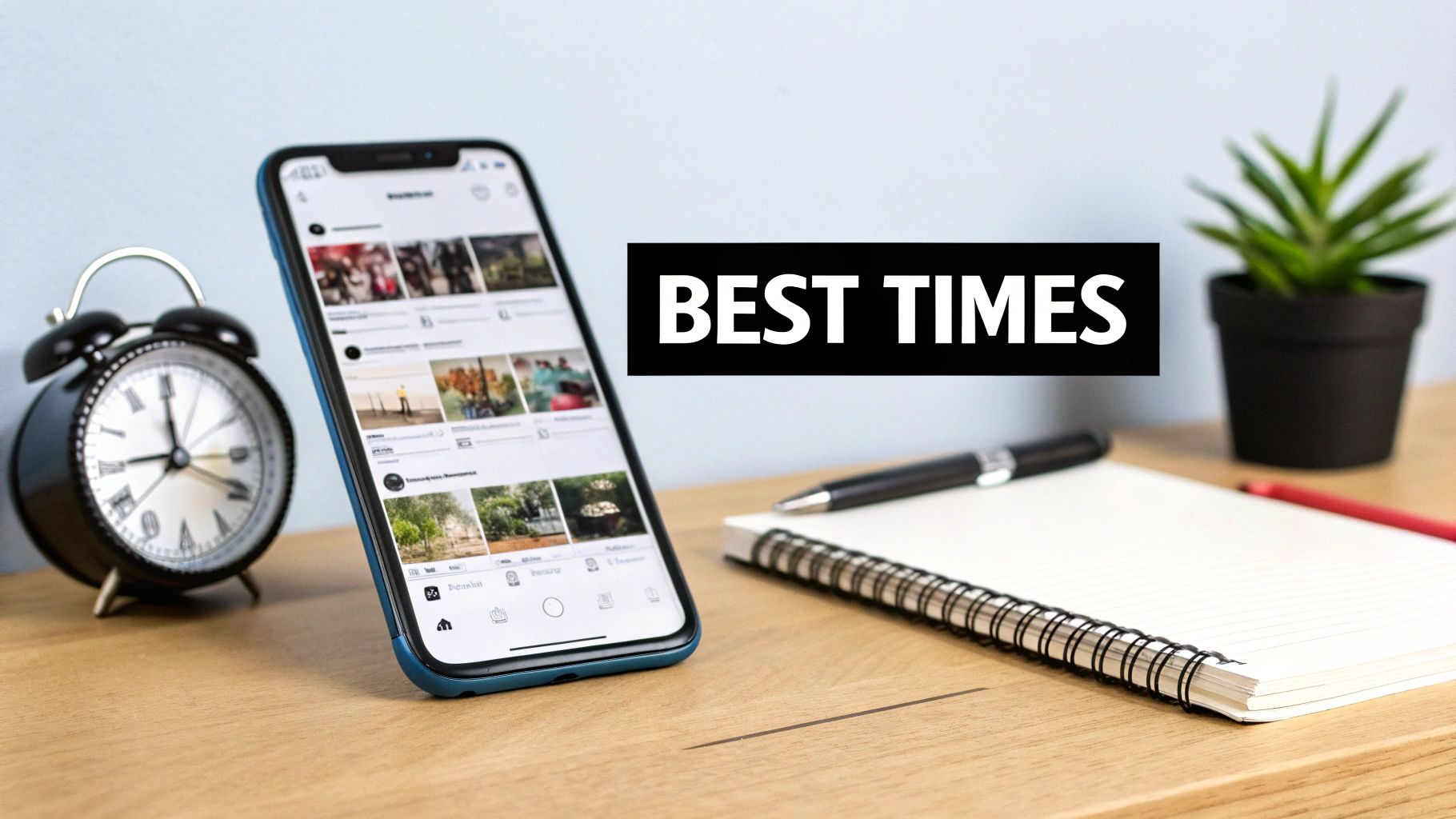 A smartphone displaying an Instagram feed, an alarm clock, a notebook, and a pen on a wooden desk, with 'BEST TIMES' overlay.