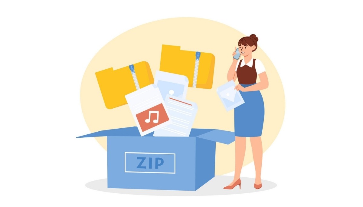Illustration of a woman standing beside a large ZIP box with various file icons emerging.
