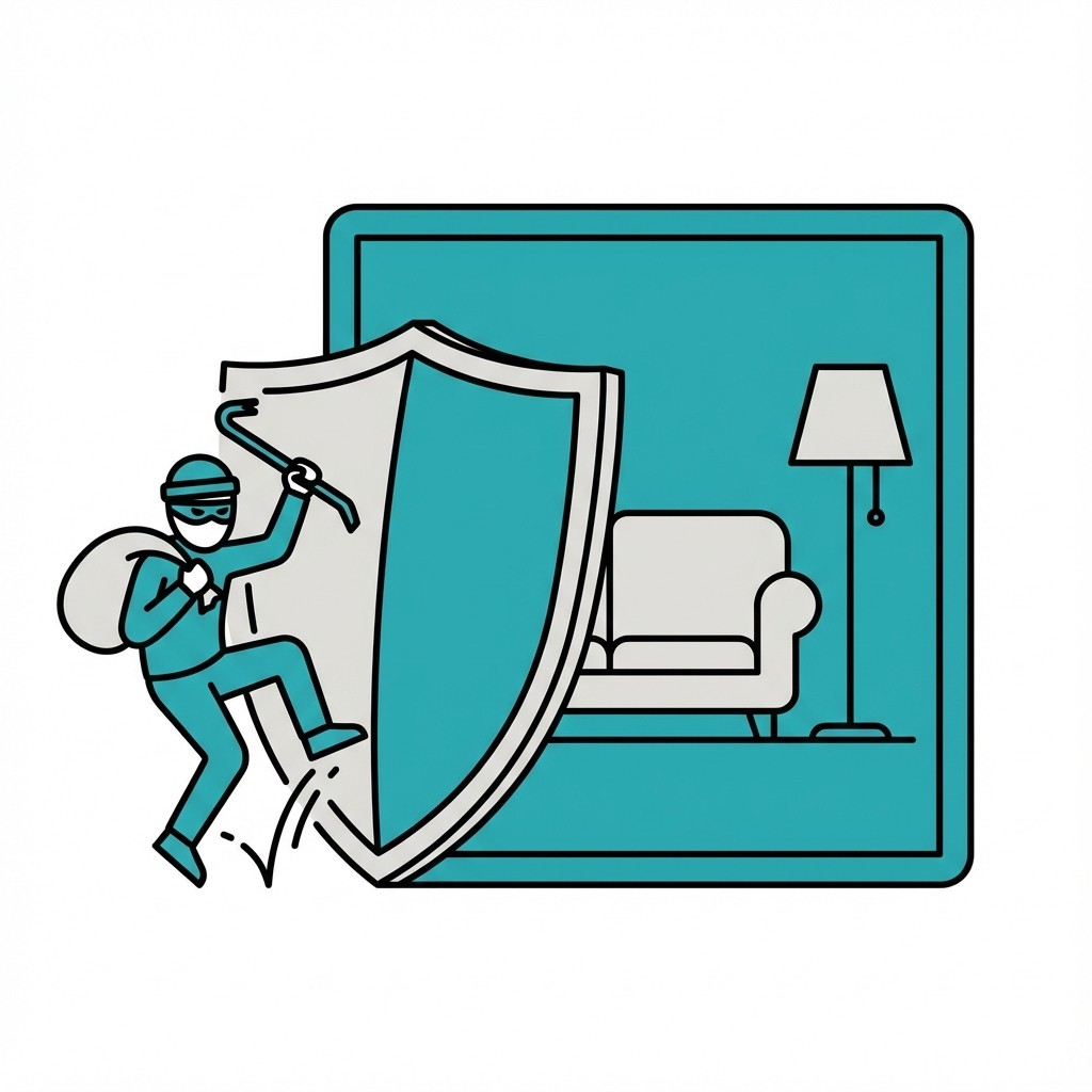 Einbrecher mit Brecheisen prallt an einem großen Schutzschild ab, der ein Wohnzimmer schützt.