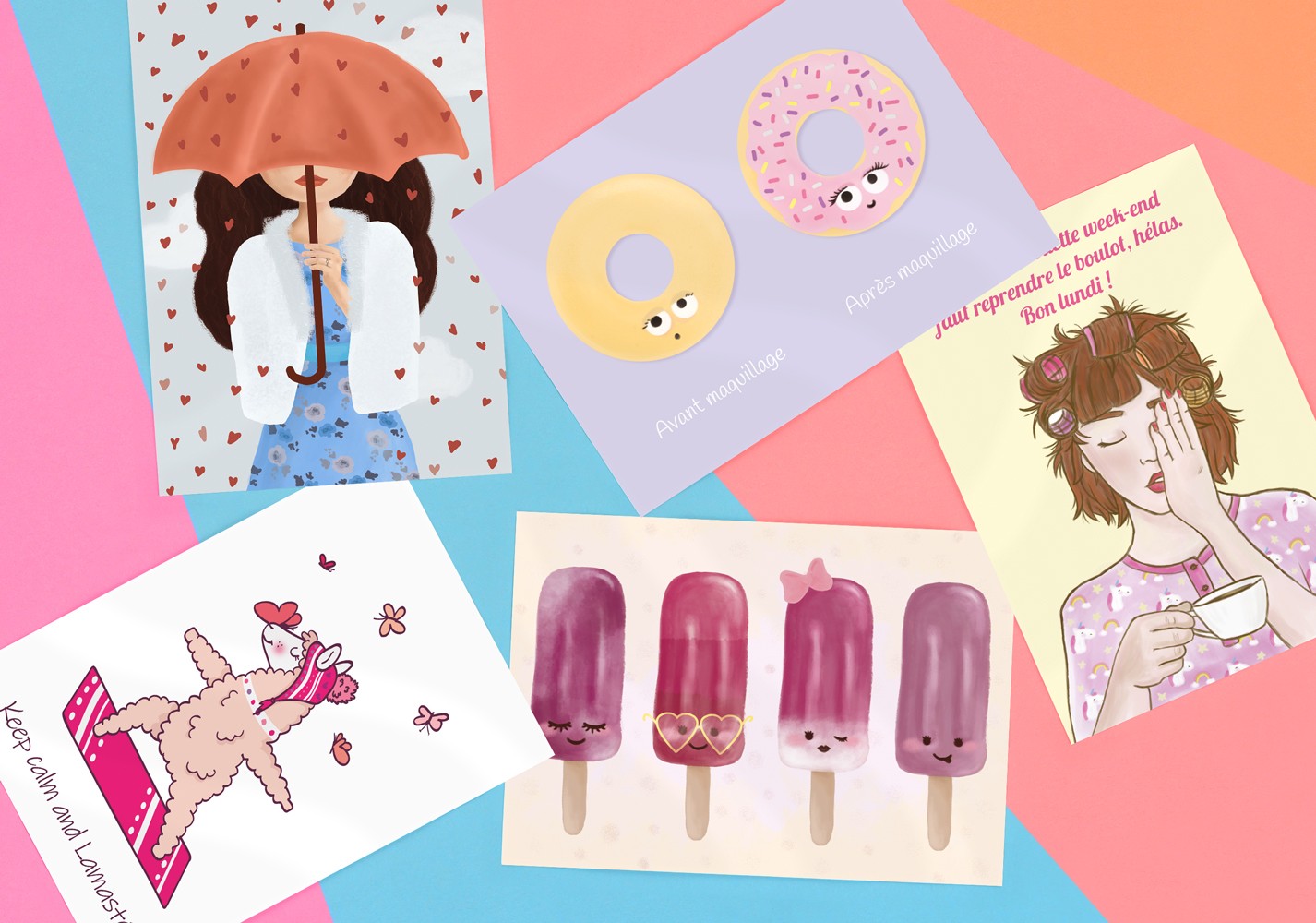 Scattered postcards on colourful craft papers