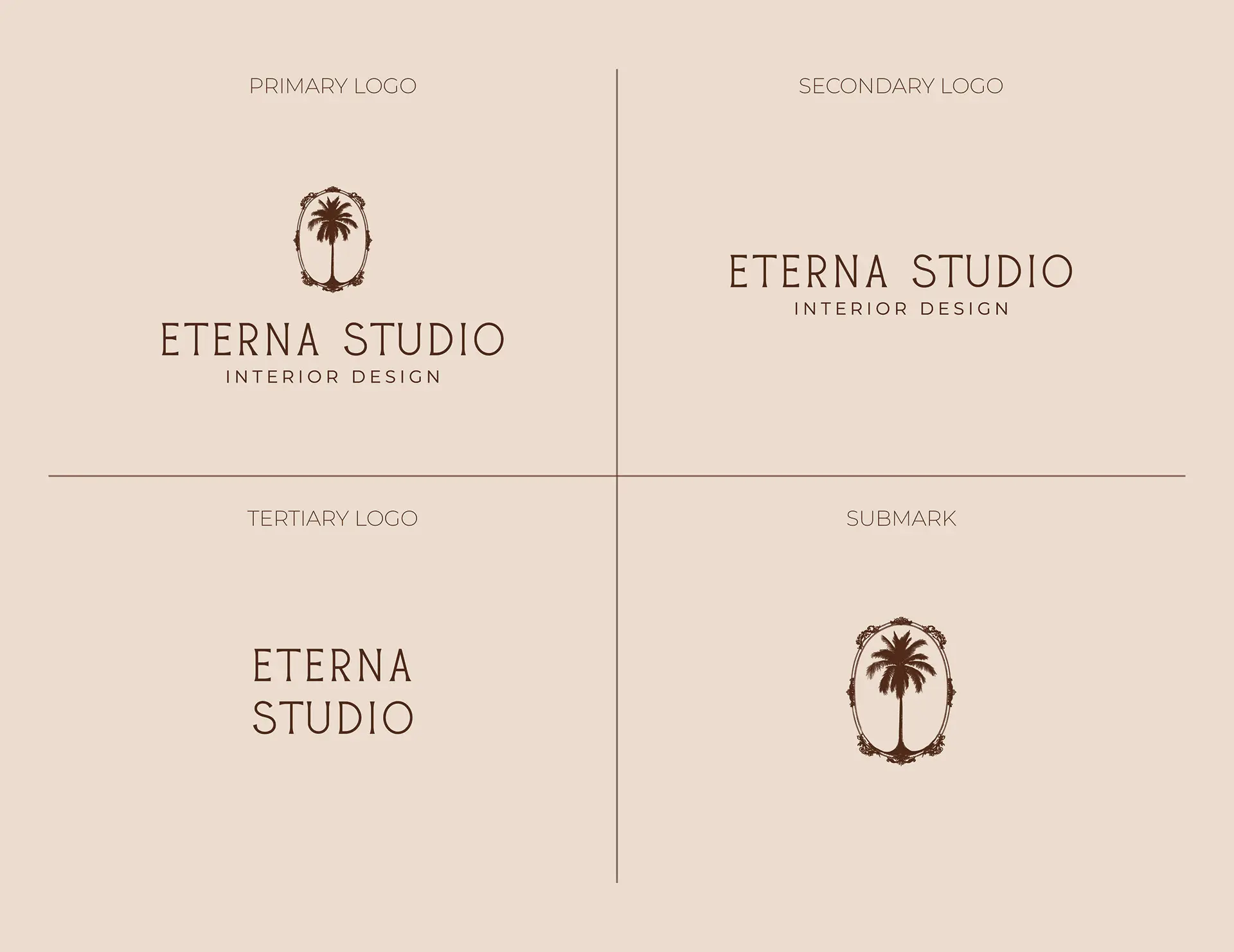 Logo system for Eterna Studio interior design brand showing primary logo, secondary logo, tertiary logo and submark variations