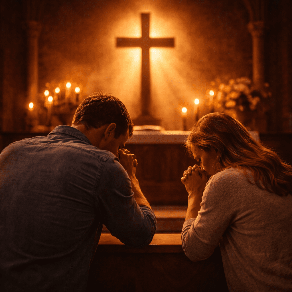 Person standing in a church with arms raised toward radiant sunlight streaming through stained glass windows.