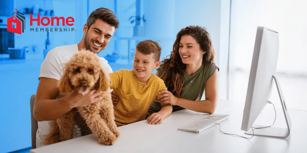 Happy family enjoying home protection with a dog, representing HomeMembership’s innovative approach to offering Bitcoin payment for warranties.