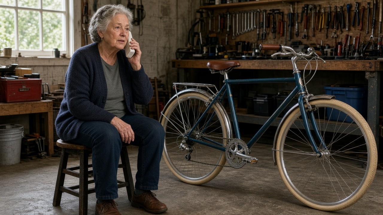 The image shows an elderly woman with gray hair sitting on a wooden stool in a workshop or garage space. She is holding a white landline phone to her ear, seemingly engaged in a conversation. The woman is dressed in a navy blue cardigan, gray shirt, dark pants, and brown shoes. Beside her is a classic-style bicycle with beige tires and a brown leather seat. The background includes a wooden workbench with numerous tools hanging on the wall and various items stored underneath and on top of the bench. The setting suggests a home workshop environment, capturing a moment of communication and possibly leisure or maintenance activity.