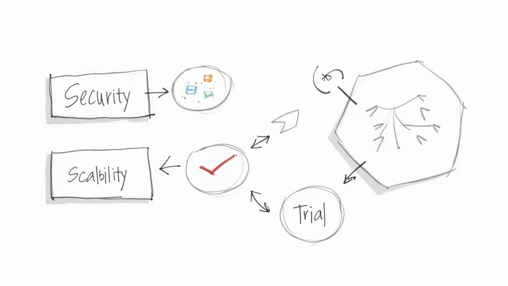 A team collaborating around a table with laptops and screens, analyzing data and charts.