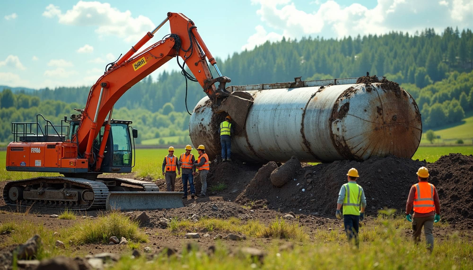 Une grande pelle mécanique orange soulève ou manipule un réservoir de stockage hors sol très rouillé et usé, couché sur un monticule de terre. Plusieurs travailleurs portant des casques de sécurité jaunes et des vestes de haute visibilité sont présents pour superviser l'opération de démantèlement dans un environnement extérieur verdoyant.