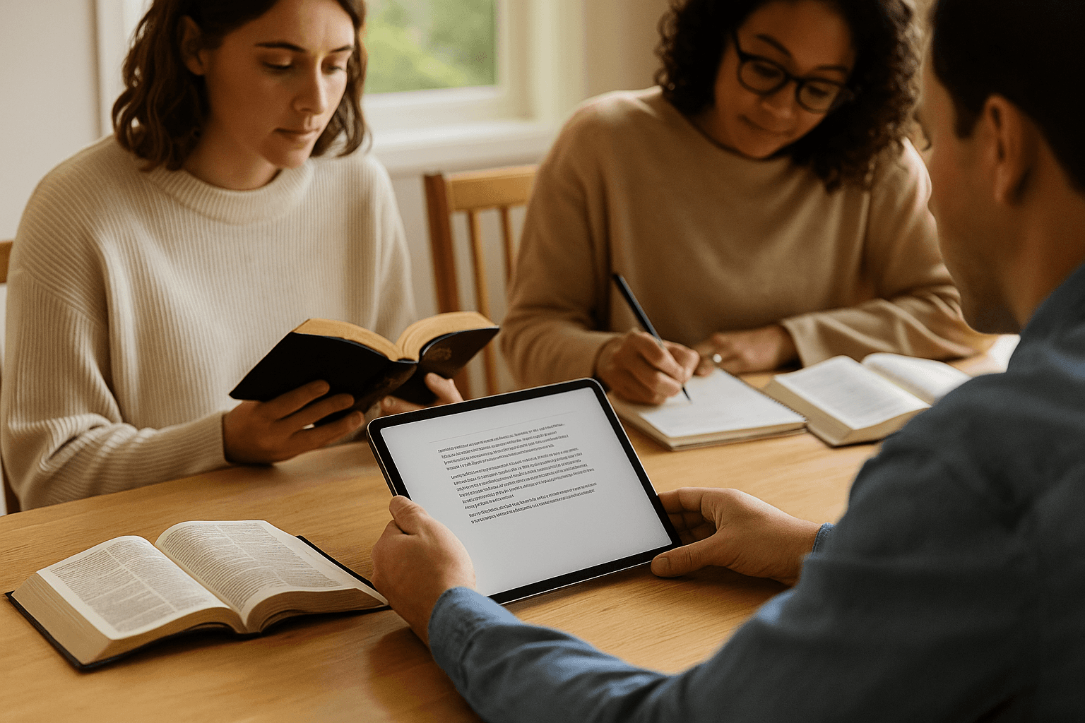 The image features three people sitting around a table studying in books and on tablets.