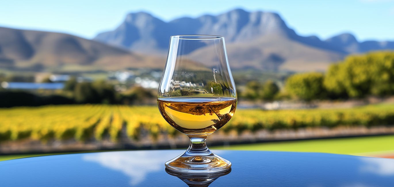 landscape photo of stellenbosch with whisky tasting in the foreground