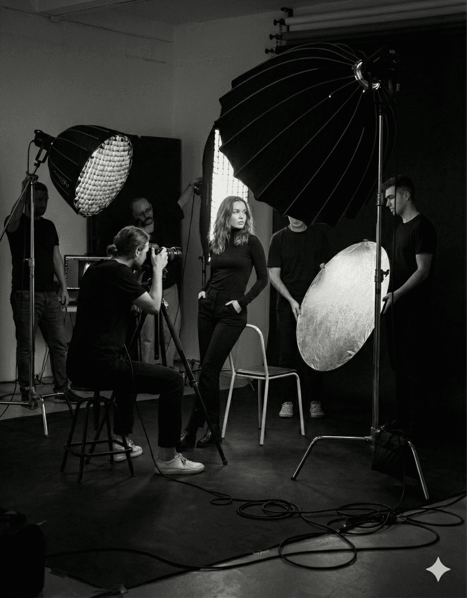 A black-and-white photo of a photography studio with large softboxes and a model posing in front of a backdrop.