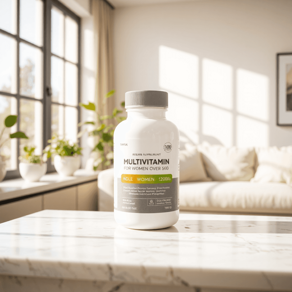 product photography of a bottle of multivitamin supplement for women over 50
