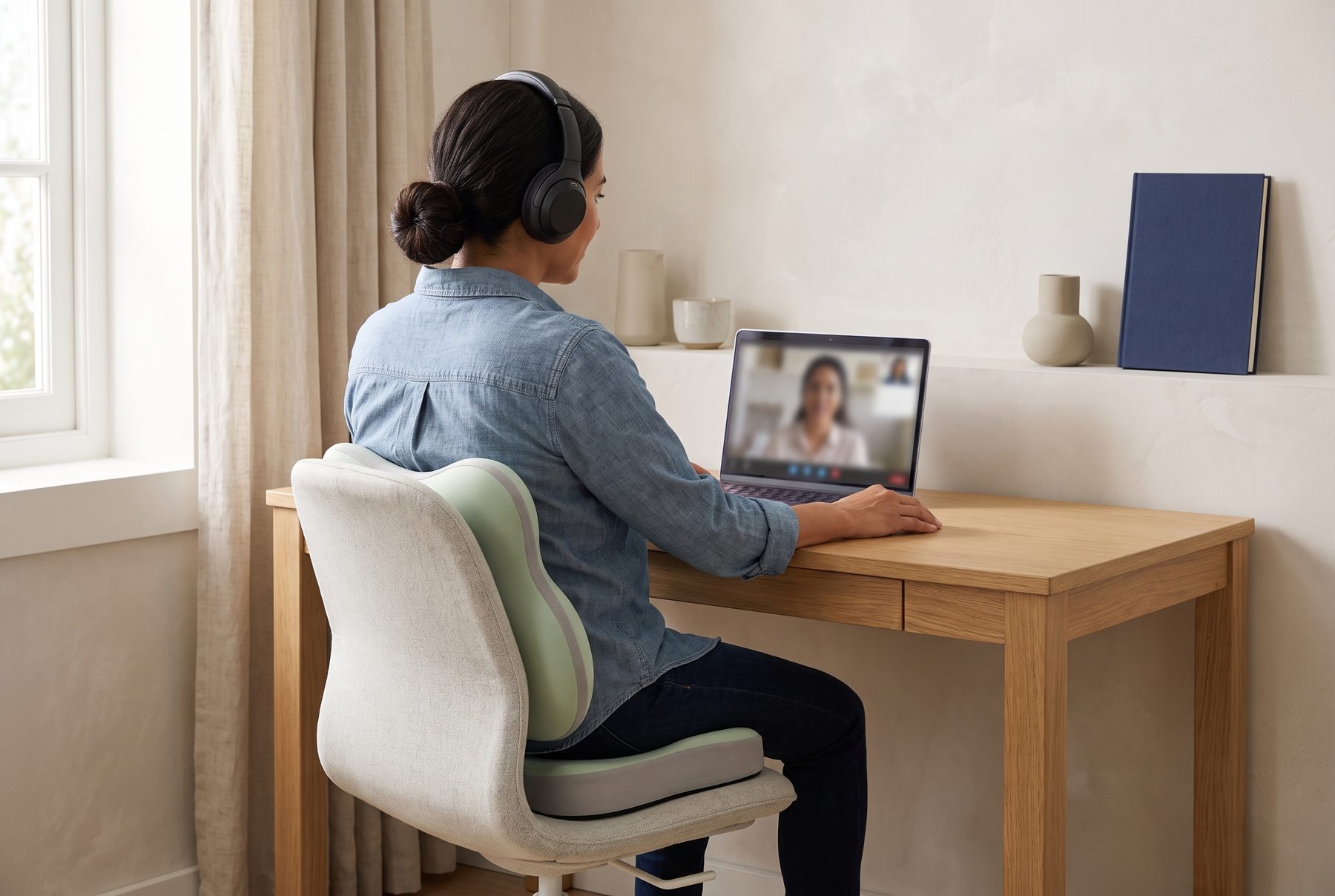 Same desk, same chair, with something under you and behind you.