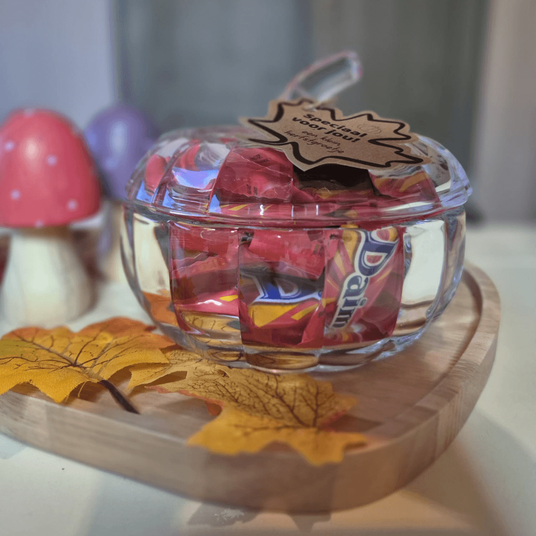 Glazen pompoen Action met chocolaatjes