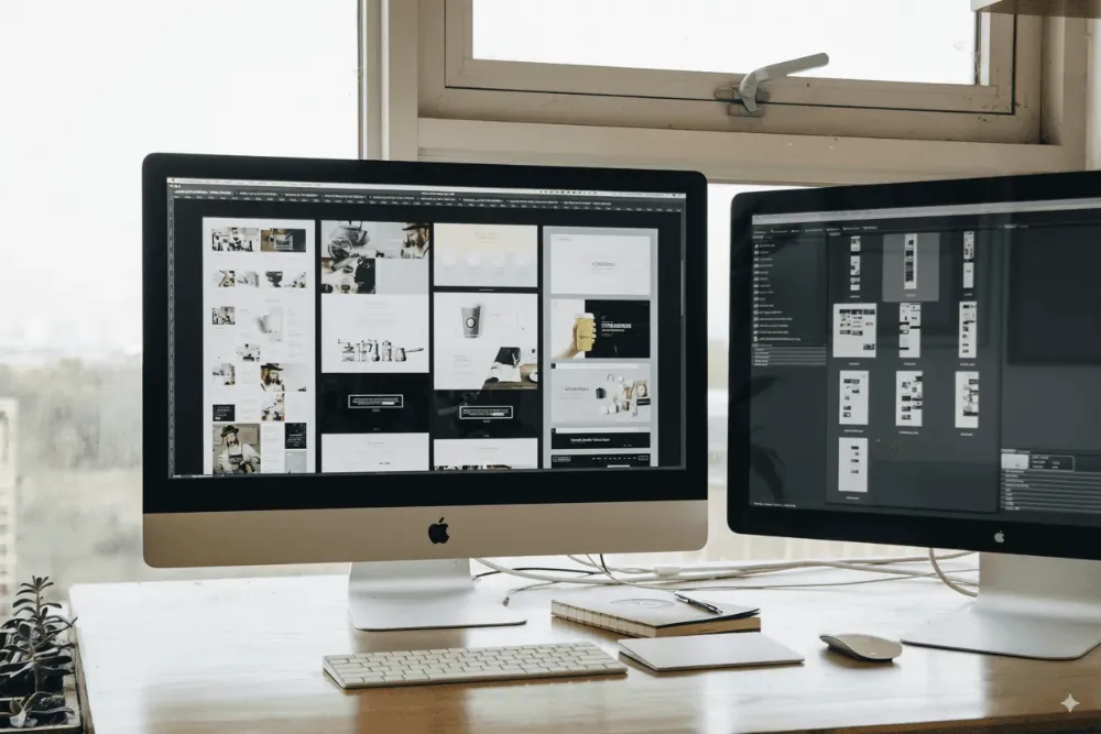 espace de travail design avec deux écrans iMac montrant des maquettes graphiques et interface créative