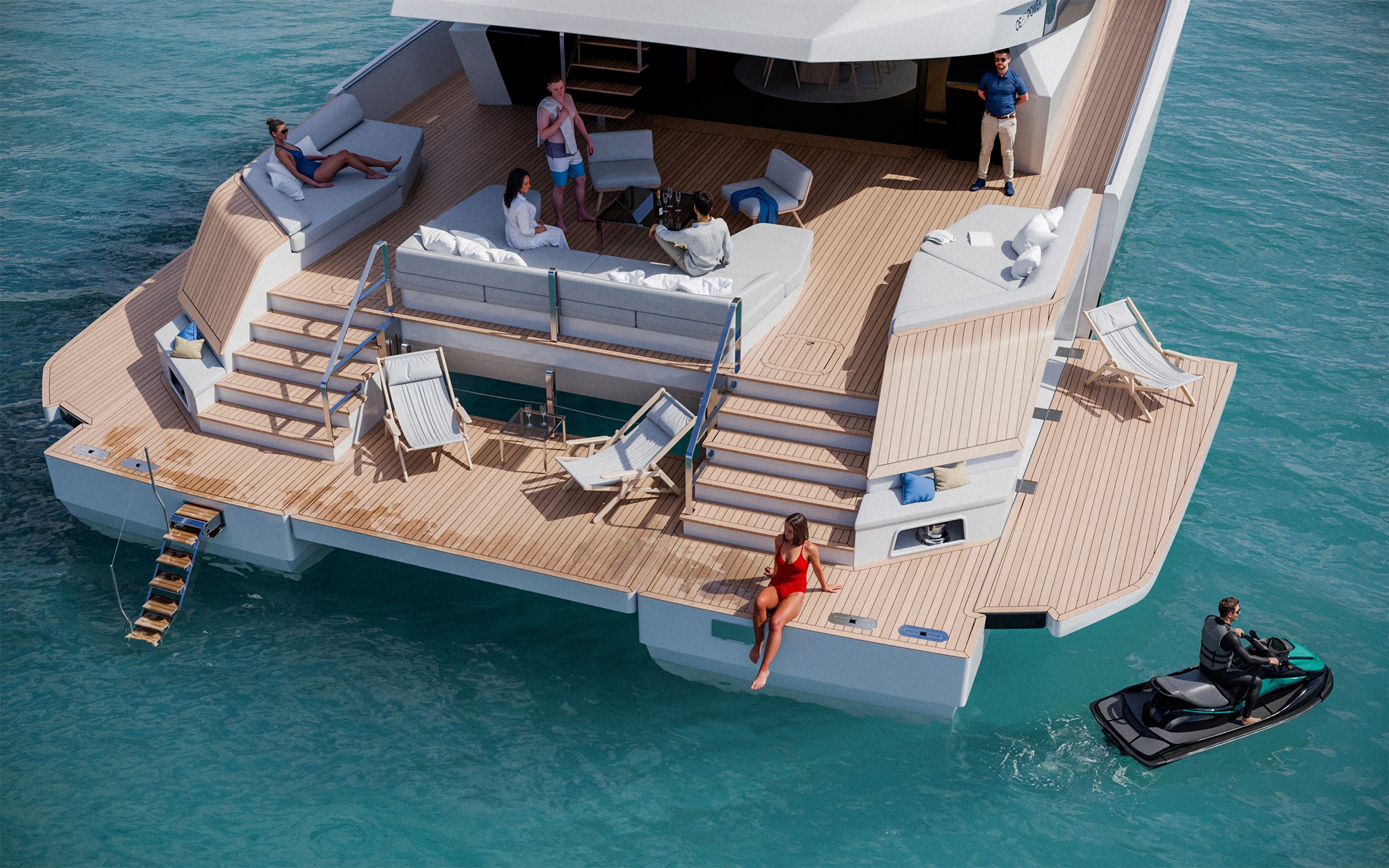 Power catamaran 3D visual showing the aft deck