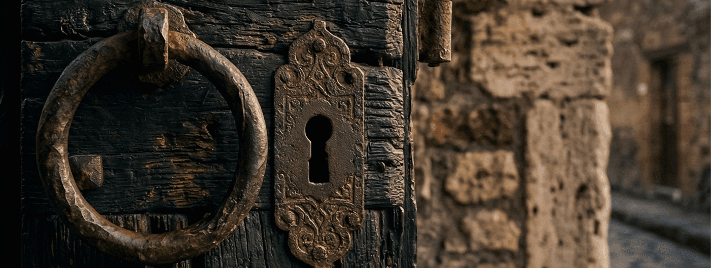 деталь старой двери в Риме с металлическим кольцом и текстурой дерева