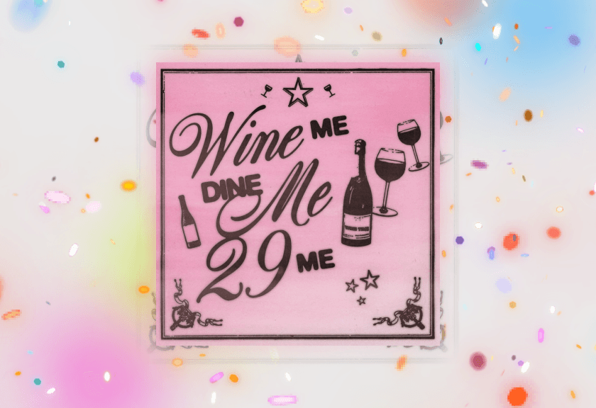 Elegant wine-themed 29th birthday invitation with confetti and a vintage aesthetic