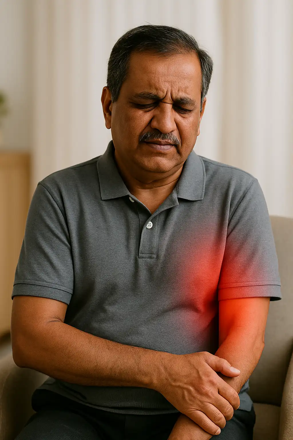 Older man with full arm weakness and redness down the affected limb, showing classic signs of hemiplegia.