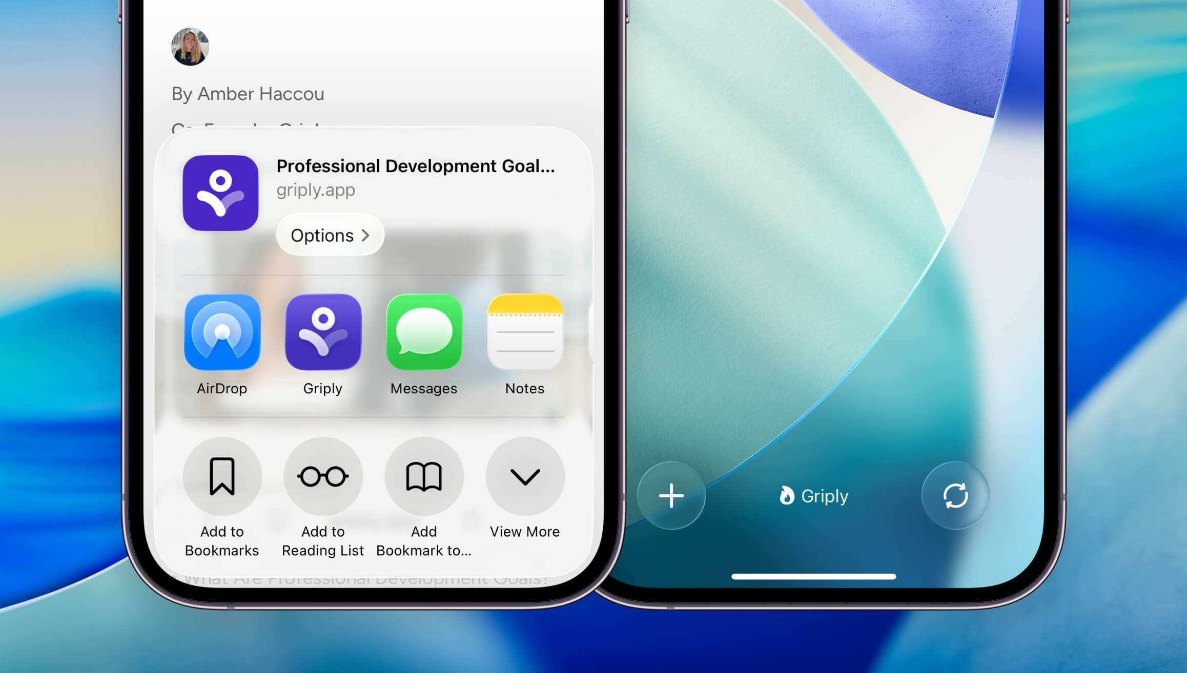 Griply Share Sheet shortcut and Griply Lock Screen buttons
