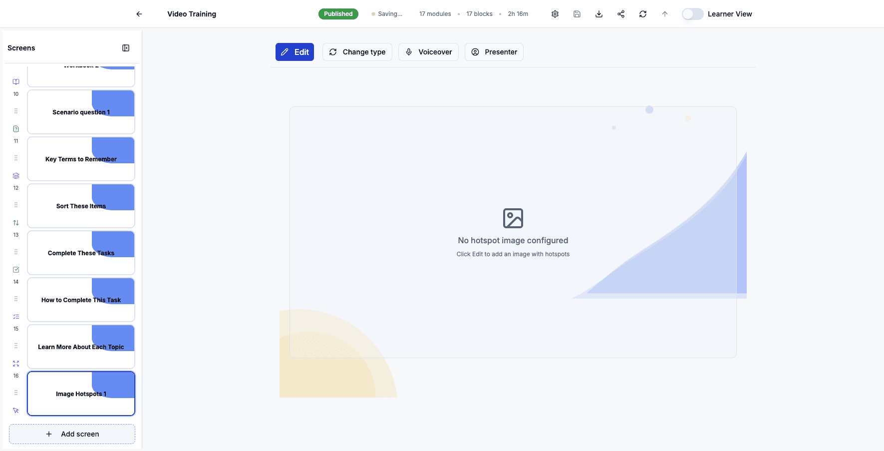 Click Add screen to add interactive video elements.