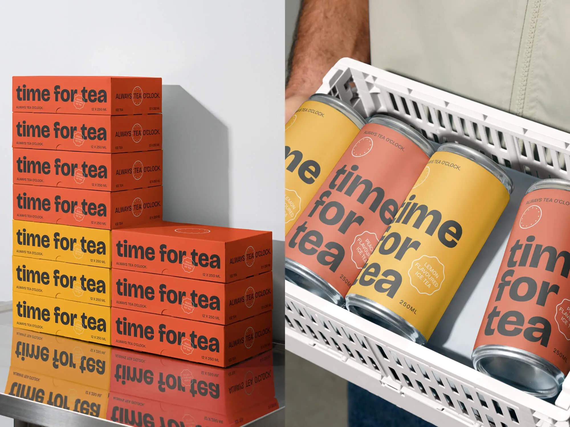 Stapel med brandade Time for Tea-kartonger tillsammans med teburkar i en kartong, som visar varumärkets visuella identitet och förpackningsdesign.