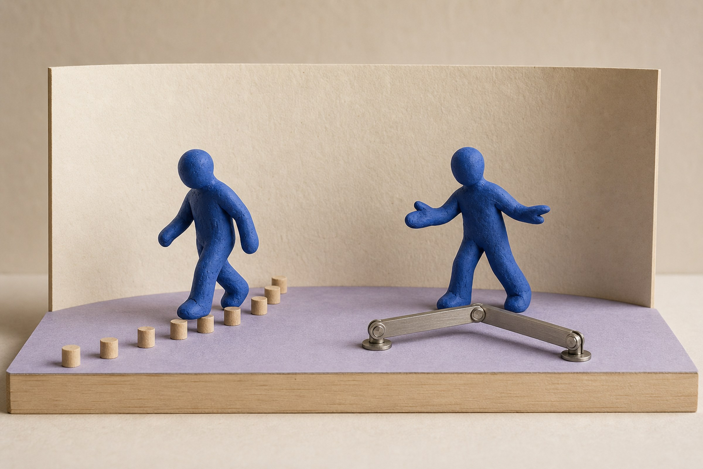 Two blue clay figures perform on a miniature stage, one beside a curved row of wooden pegs and the other beside an adjustable metal guide.