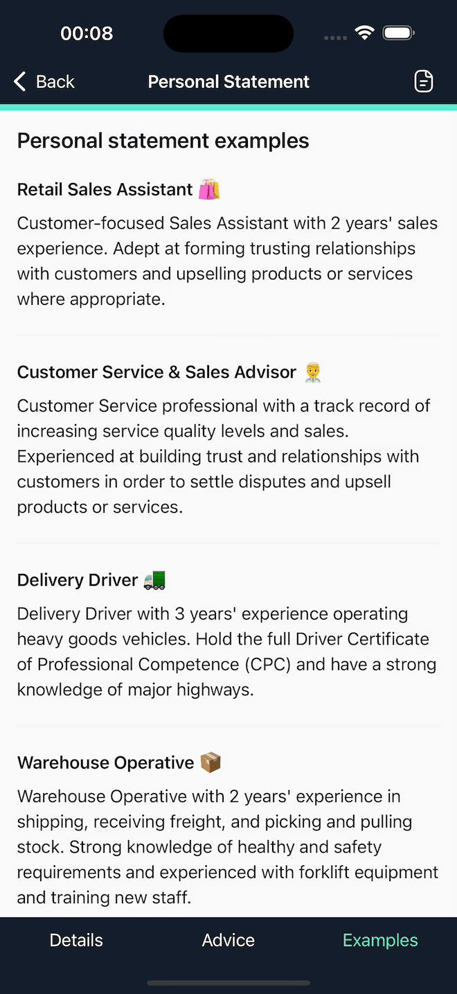 Personal Statement examples screen of the CV Engineer iOS app