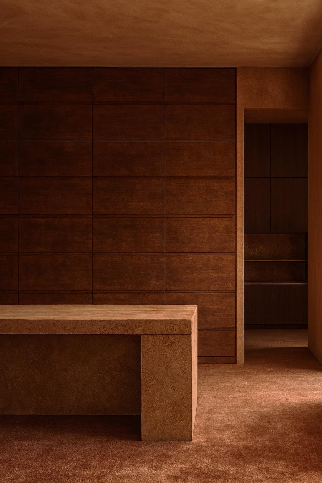 Earth-toned minimalist interior with travertine desk, plaster walls, and natural light.