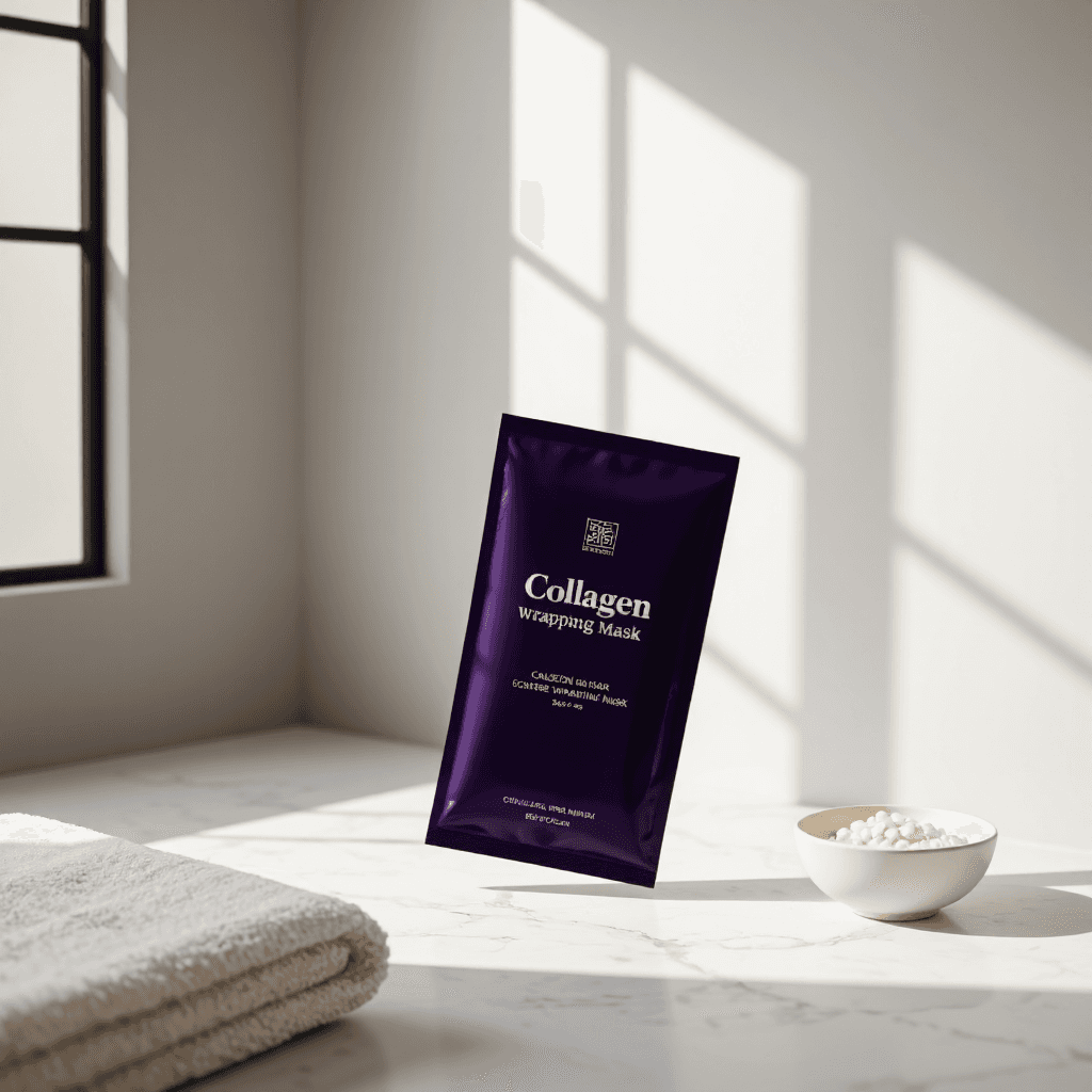 product photography of tube of collagen wrapping mask