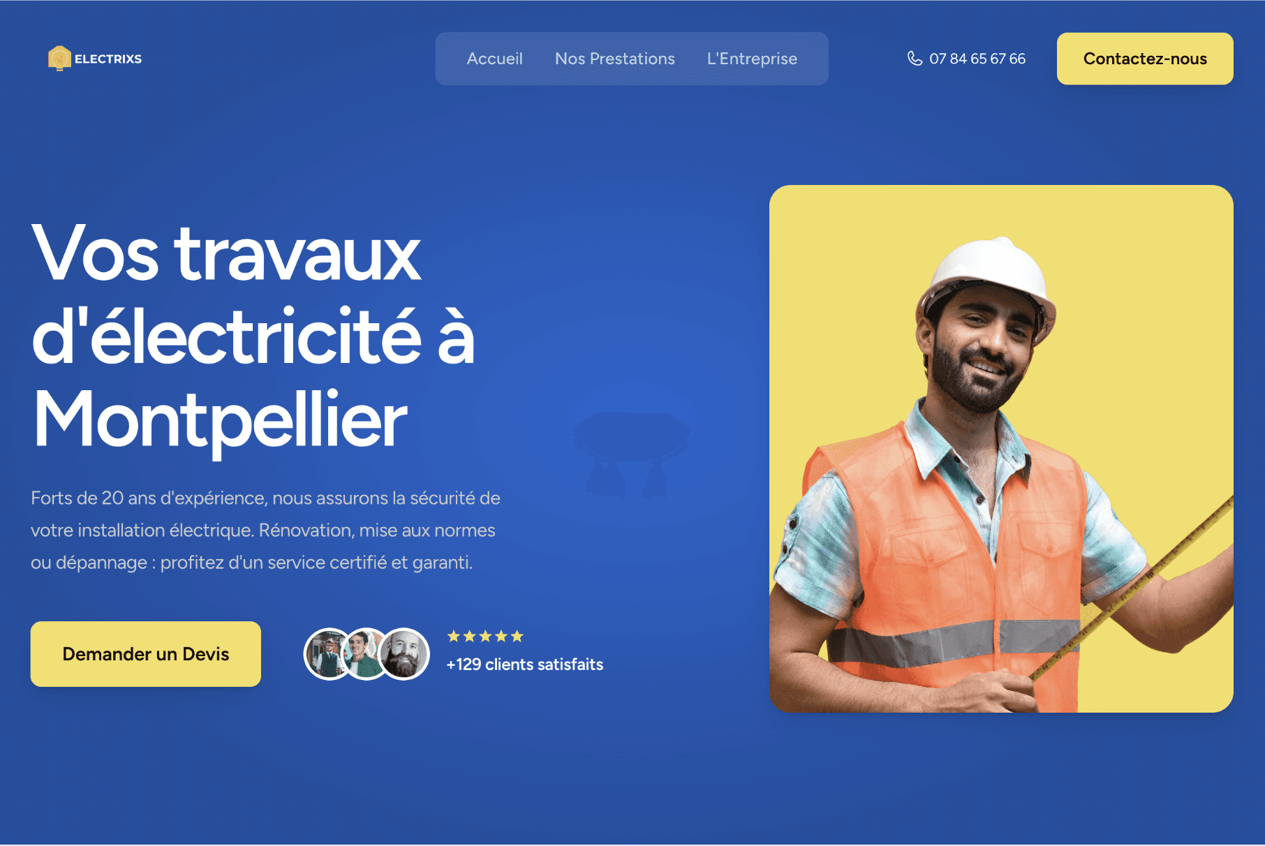 Réalisation site web électricien Montpellier par Weby Studio. Design bleu rassurant optimisé pour la prise de devis.